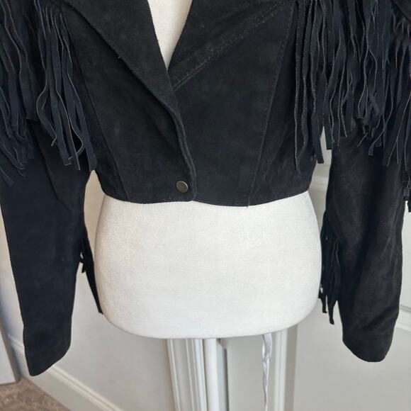 VTG Outerwear by Phoenix 80s Black Suede Fringe Leather Cropped Jacket Western M - Picture 5 of 15